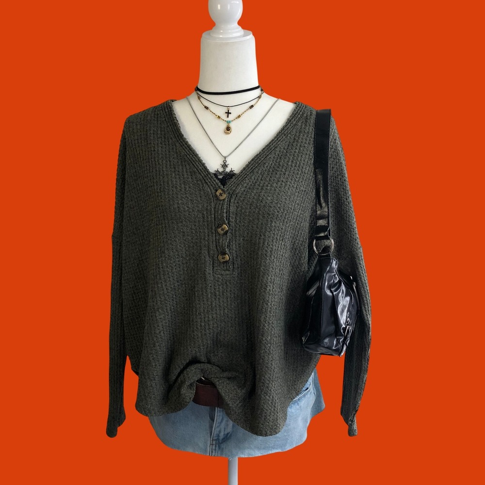 American Eagle Soft Sexy Waffle Knit Henley Top Women M Olive Green Fairy Grunge